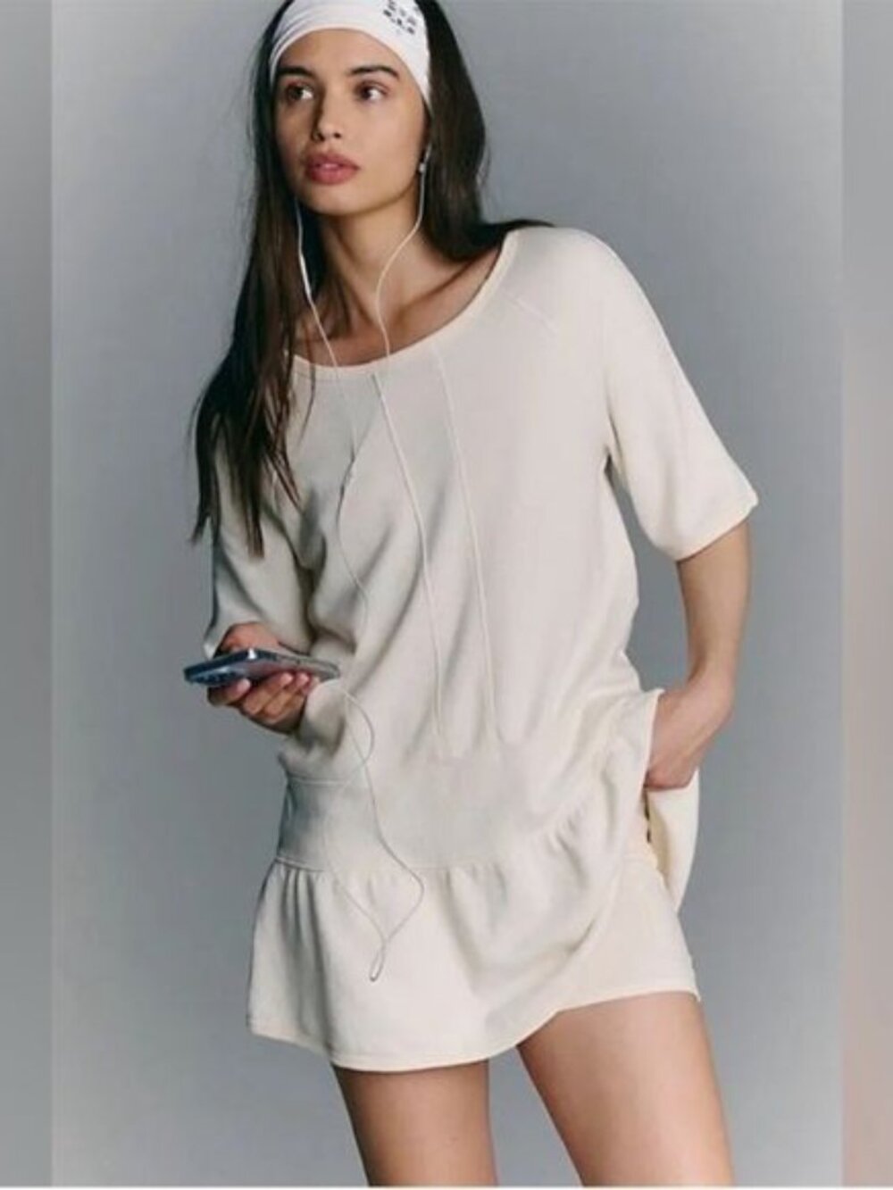 Free People Movement Sweatshirt Dress Women L Cream Short Sleeve Drop Waist